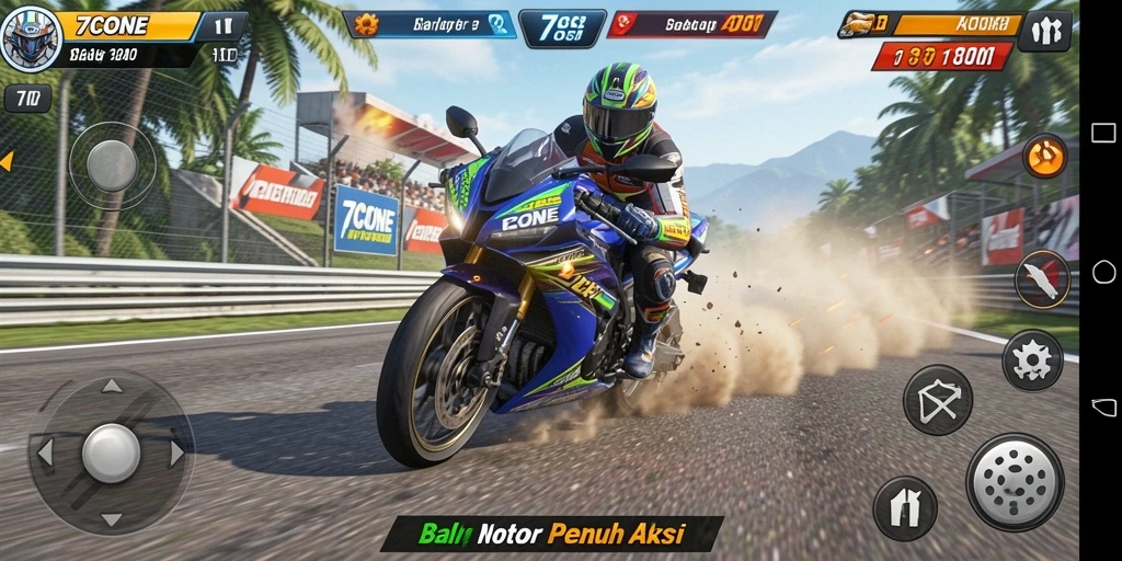 Tampilan gameplay balap motor yang seru dan mendebarkan di 7CONE.