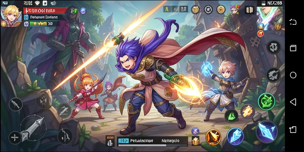 Screenshot gameplay NEX288 menampilkan karakter anime yang sedang bertarung.