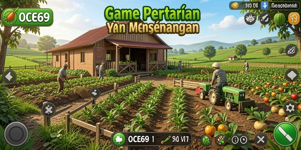 Tampilan gameplay OCE69 yang menampilkan ladang hijau dan aktivitas bertani.